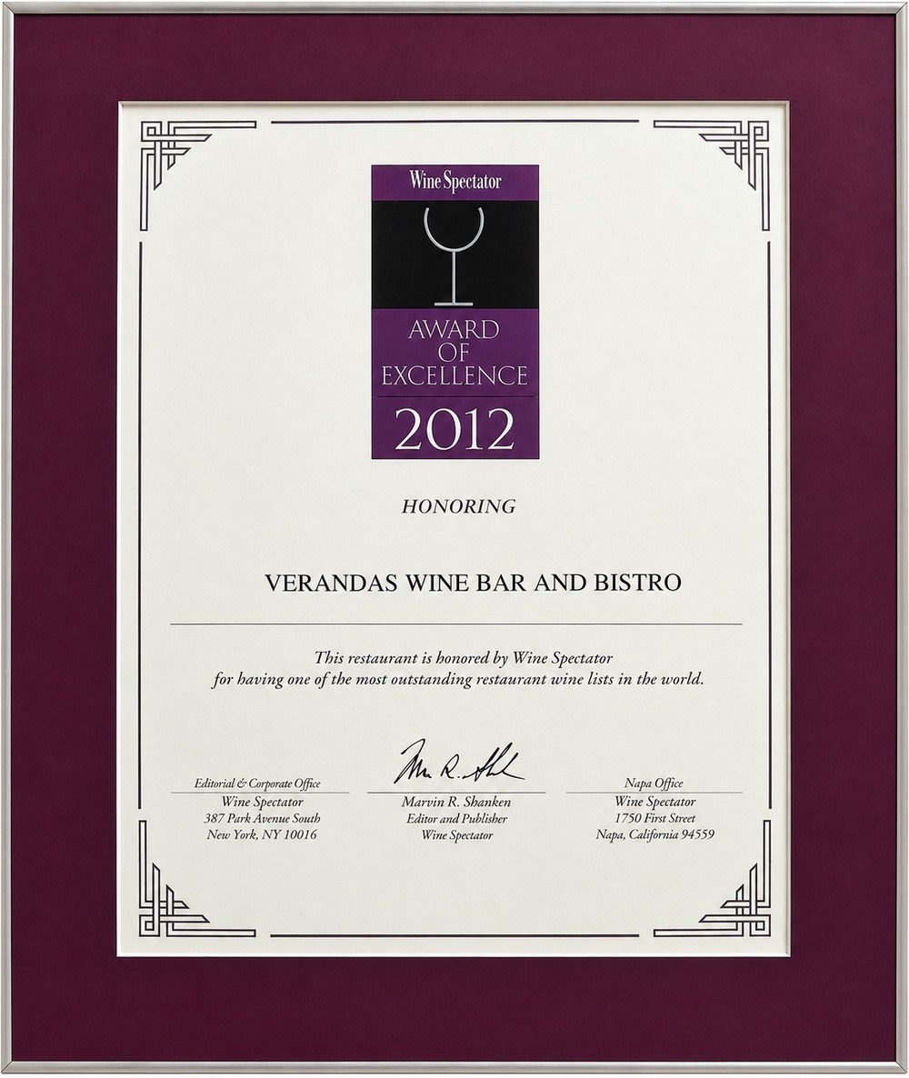 Wine Spectator Award of Excellence 2012, honoring Verandas Wine Bar and Bistro
